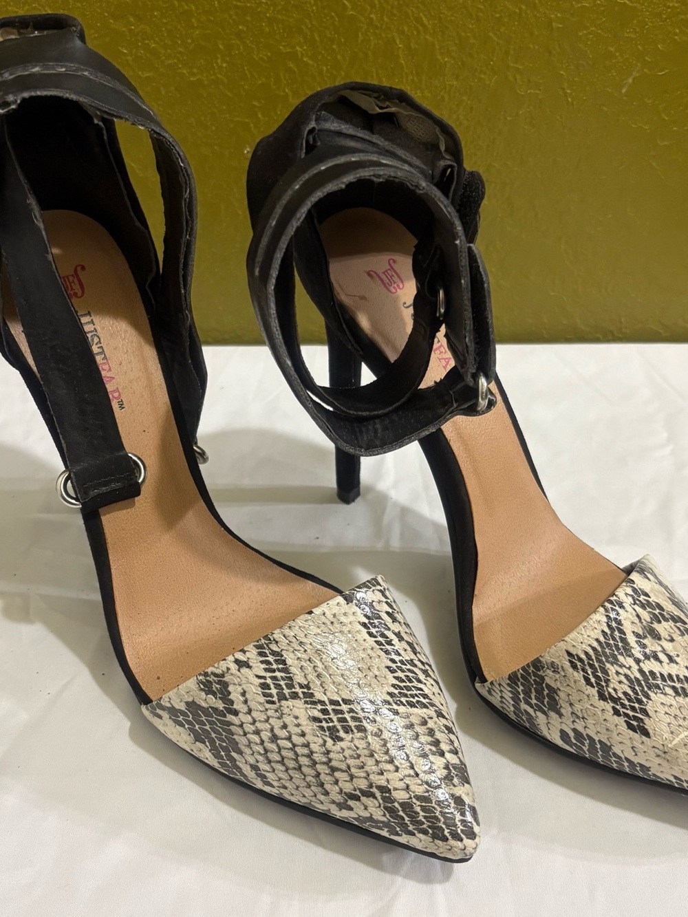 JustFab Black Ankle Strap Heels with Snake-Print Toe
